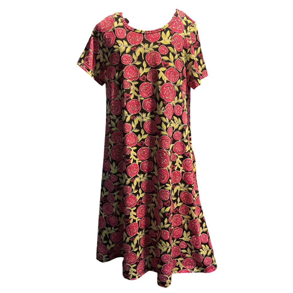 LuLaRoe Carly Dress XS Pink Rose Floral Heart Print Short Sleeve Pocket Swing